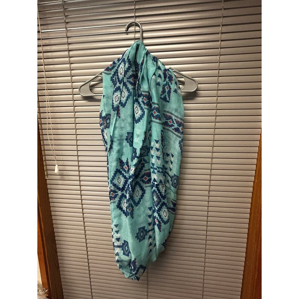 Boho Tribal Print Infinity Scarf Teal Blue Aztec Pattern Light Circle Loop Scarf